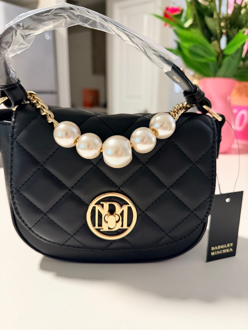 Badgley Mischka Black Quilted Mini Bag with Pearl Accents